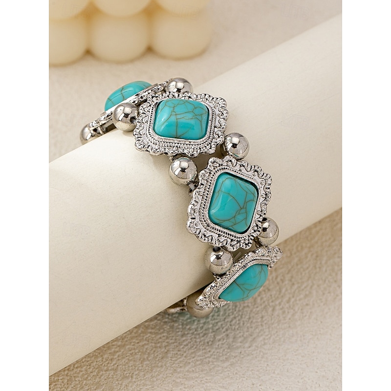 Women's Vintage Boho Turquoise Stone Bracelet – Retro Style Elastic Beaded Cuff Jewelry for Casual Wear, Festivals and Gifts4