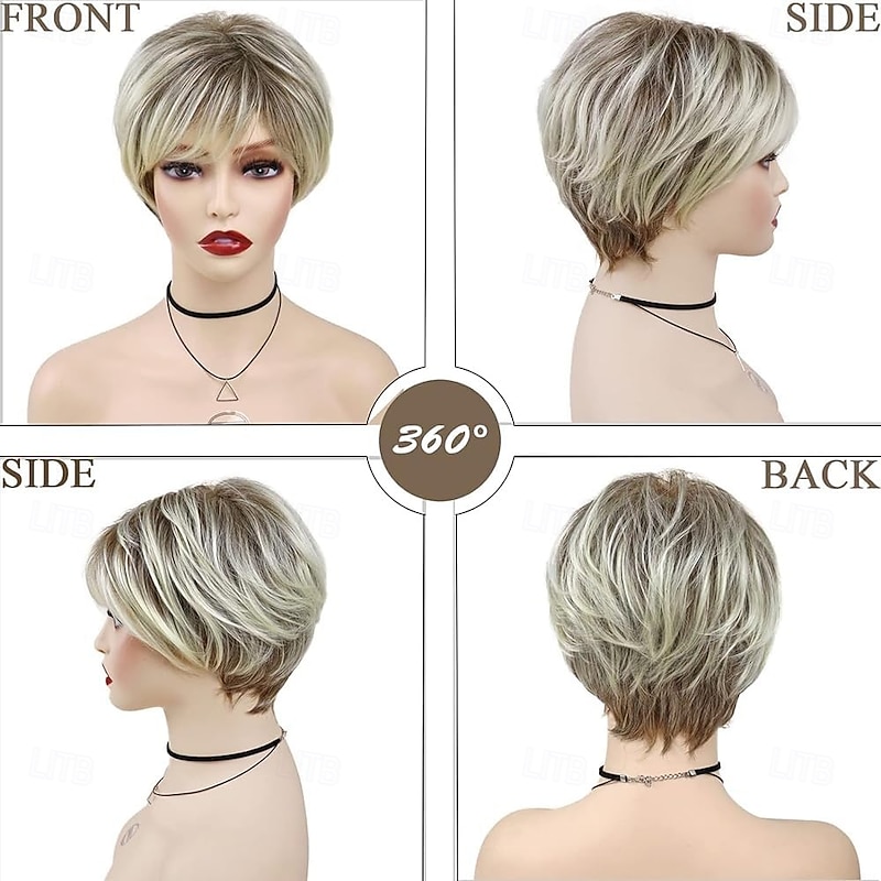 Short Blonde Wigs for Women Ladies Pixie Cut Wig with Fringe Natural Synthetic Layered Hair Wig for Costume Cosplay Daily Fancy Dress Accessories Halloween Party Wigs4