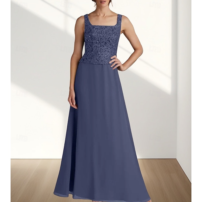 Two Piece A-Line Mother of the Bride Dress Wedding Guest Elegant Square Neck Floor Length Chiffon Lace 3/4 Length Sleeve with Lace3