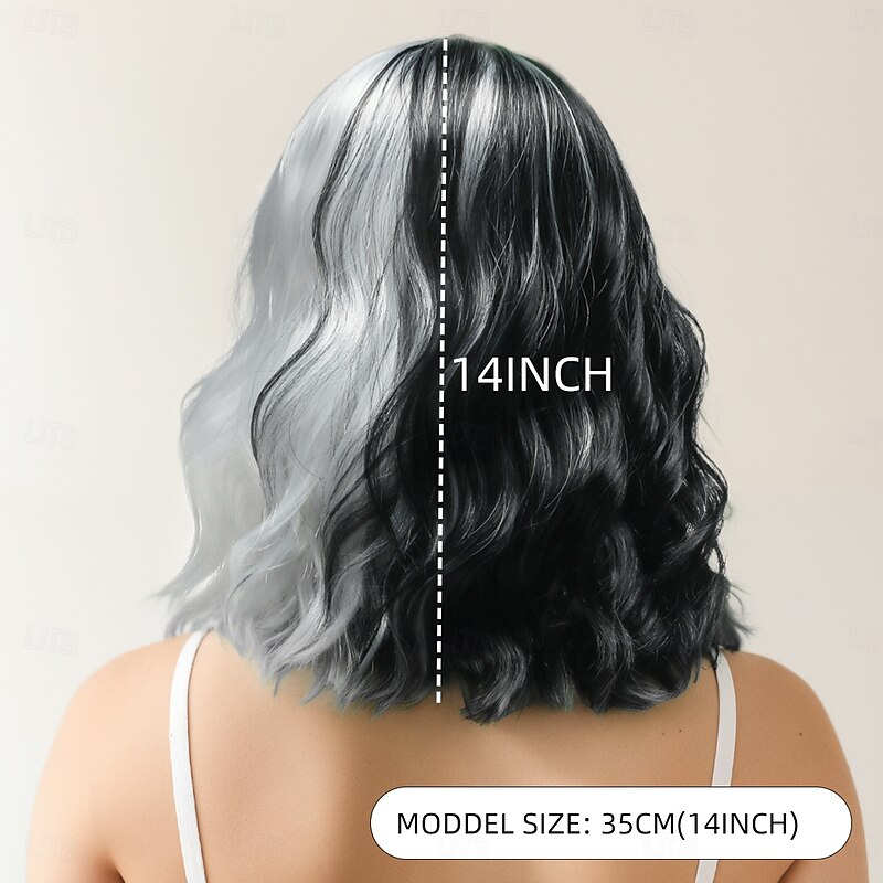 Synthetic Wig Wavy Curly Weave Asymmetrical Neat Bang Machine Made Wig 14 inch A1 Synthetic Hair Women's Middle Part Classic Comfortable Black White4