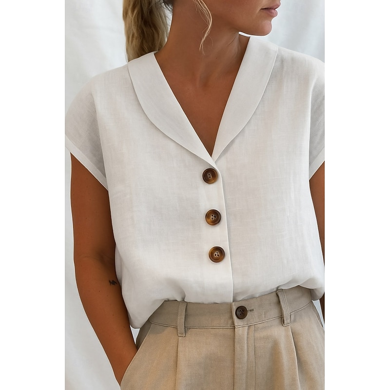 Women's Shirt Cotton Linen Shirts Linen Shirt Button Up Plain Daily Basic Casual Short Sleeve V Neck Regular Tops Daily Holiday Going out Buttons White Summer - Main Image