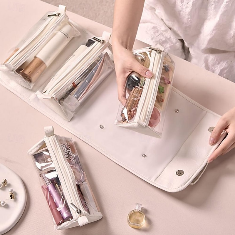 Leather Travel Cosmetic Bag Large Capacity Portable Women Makeup Case Waterproof Toiletry Makeup Organizer Storage Bag Foldable 4 In 1 Travel Toiletry Bag Cosmetics Storage Bag3