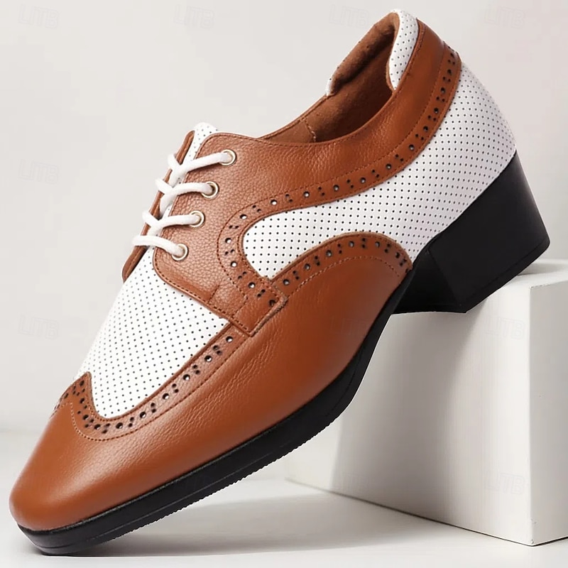 Men's Brown and White Faux Leather Dance Shoes – Classic Lace-Up Oxford Design with Perforated Detailing for Ballroom and Latin Dancing