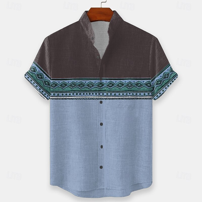 Men's Geometric Indian Ethnic Shirt Button Up Shirt Stand Collar Shirt Short Sleeve Vintage Retro Vacation Dailywear Beach Wear Summer Spring Mandarin Collar 3D Print Linen Like Shirt Yellow Blue4
