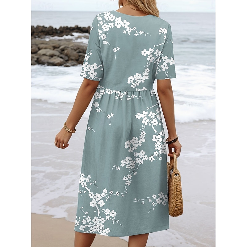 Women's Midi Dress Summer Dress Pleated Dress Vacation Casual Beach Daily Holiday Regular Fit Floral Graphic Short Sleeve Crew Neck Blue Purple Green Summer2