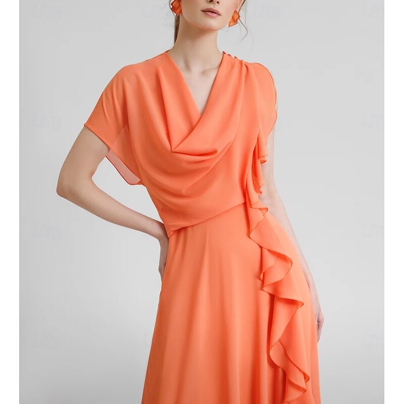 A-Line Cocktail Elegant Wedding Guest Dress Formal Floor Length 3/4 Length Sleeve V Neck Chiffon with Ruched Ruffles3