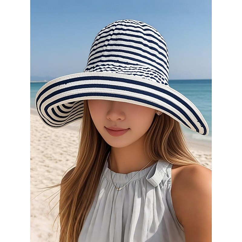 Women's Foldable Wide Brim Sun Hat – Black and White Striped Beach Hat, Packable UV Protection Summer Hat for Travel, Vacation & Outdoor Activities3