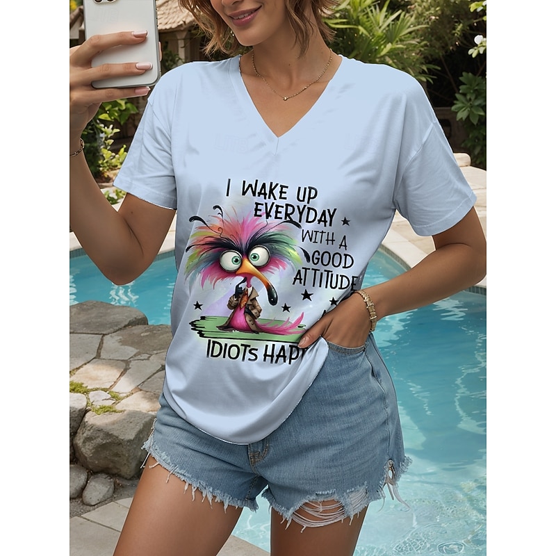 Women's T Shirt Graphic Animal Letter Vintage Stylish Ethnic Short Sleeve V Neck Regular Tops Daily Going out Beach Wear Print White Sky Blue Violet Summer Spring4