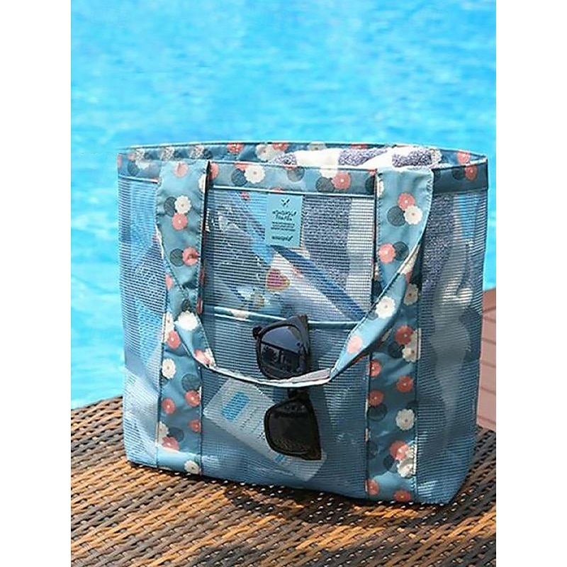 Women's Floral Mesh Beach Tote Bag – Large Waterproof Summer Shoulder Bag with Pockets, Lightweight and Breathable for Vacation, Pool and Travel Wine Green Dark Blue2
