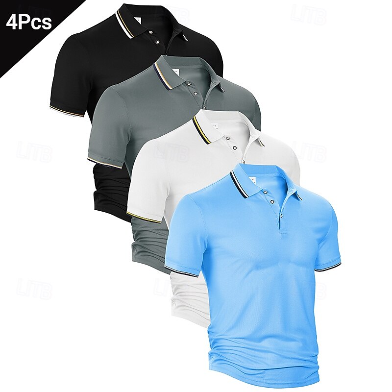 Multi Packs 4pcs Men's Lapel Short Sleeves Black+White+Grey+Light Blue Button Up Polos Golf Shirt Golf Polos Shirts Buttons Plain Vacation Daily Wear Polyester Summer