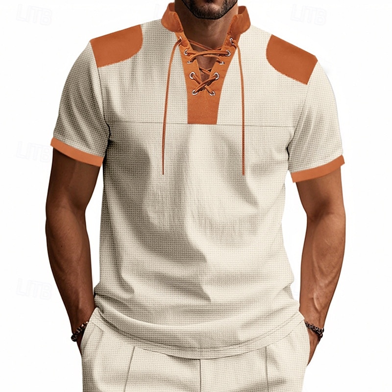 Men's Tee Short Sleeve Shirt Tee Top Short Sleeve Tied Neck Spring & Summer Color Block Plain Fashion Designer Patchwork Vacation Street Going out Black White Royal Blue Top Tee for Men2