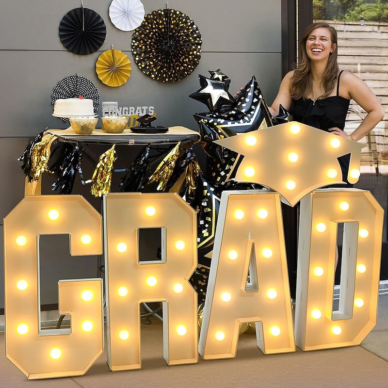 Graduation Decorations 60/90/120cm Large GRAD Light Up Letters Graduation Cap White GRAD Letter with Lights for Kindergarten Preschool High School College Grad Party