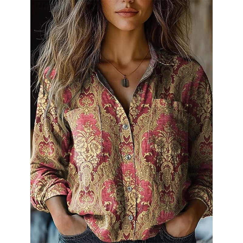 Women's Shirt Floral Retro Vintage Ethnic Long Sleeve Shirt Collar Regular Tops Daily Holiday Pocket Buttons Print Black Wine Fuchsia Summer2
