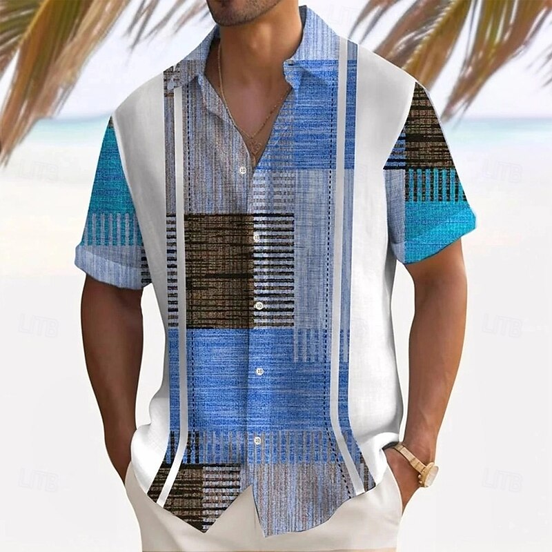 Men's Geometric Color Block Patchwork Shirt Summer Shirt Button Up Shirt Short Sleeve Fashion Casual Outdoor Vacation Dailywear Summer Spring Turndown 3D Print Collared Shirts Yellow Blue2