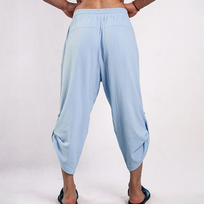 Men's Linen Pants Trousers Summer Shorts Baggy Pants Front Pocket Pleats Straight Leg Plain Comfort Breathable Ankle-Length Outdoor Vacation Party Vacation Fashion Black Pink3