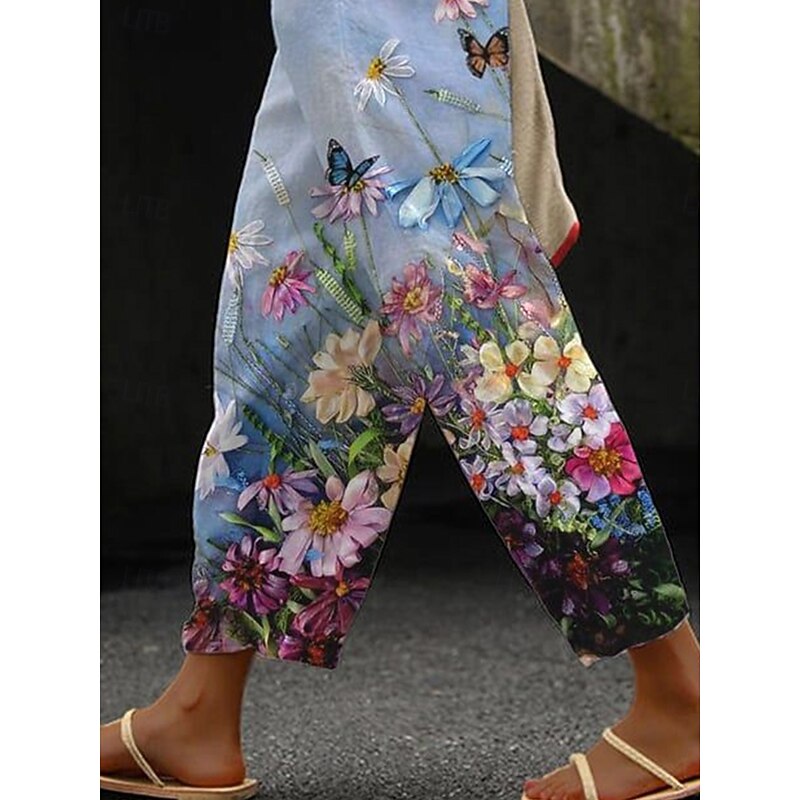 Women's Cotton Linen Pants Baggy Pants Linen Like Beach Vacation Vintage Fashion Ankle-Length High Waist Floral Graphic Gradient Printing Breathable Soft Micro-elastic Causal Baby blue Light Sky Blue3