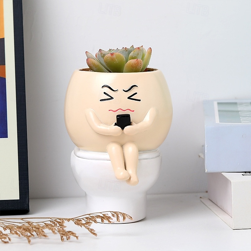 Funny Toilet Sitting Succulent Planter, Creative Cute Green Plant Figurine, Fun Office Desk or Study Room Decoration, Stress Relief Succulent Pot for Home Decor