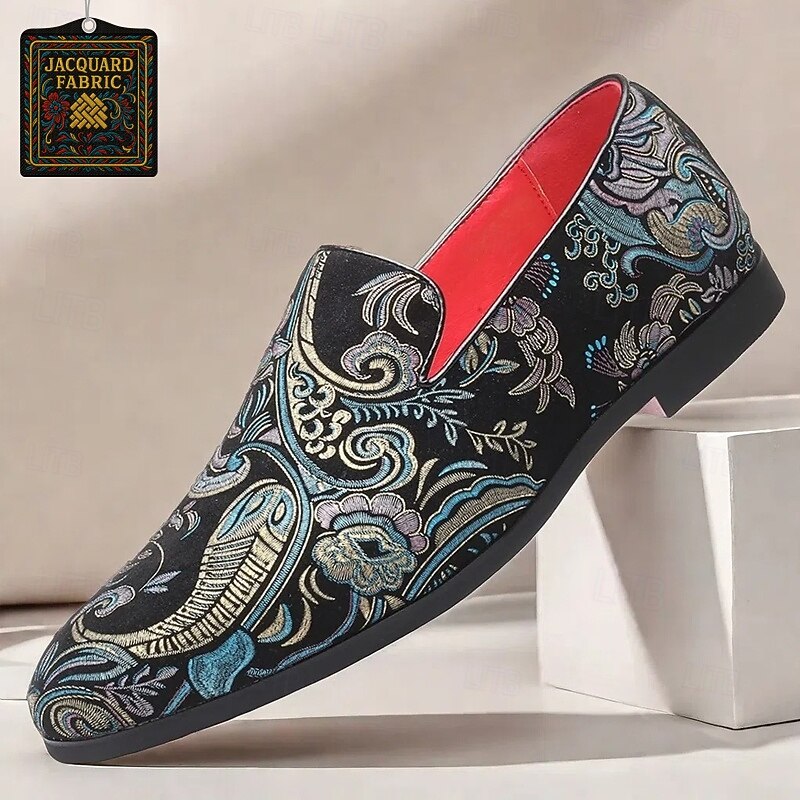 Men's Jacquard fabric Slip-On Loafers - Vintage Style with Floral Pattern, Comfortable Soft Sole, Ideal for Formal Events