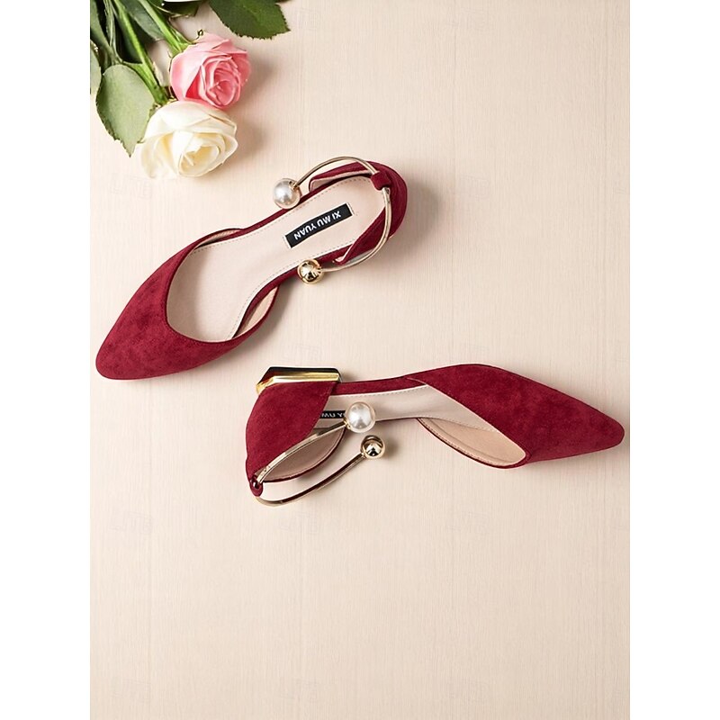 Women's Burgundy Pointed Toe Flats – Suede Shoes with Pearl Anklet Strap for Elegant Daytime Dates4