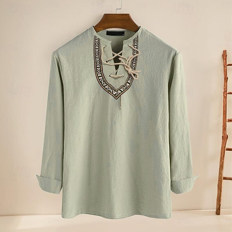 Men's Shirt Cotton Linen Shirt Casual Shirt Plain Casual Daily Black Camel Long Sleeve V Neck Summer Clothing Apparel Lace up