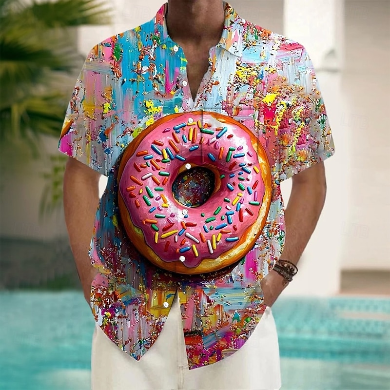 Men's Optical Illusion Funny Donuts Shirt Summer Hawaiian Shirt Button Up Shirt Short Sleeve Hawaiian Vacation Holiday Beach Wear Summer Spring Turndown 3D Print Collared Shirts Front One Pocket Blue