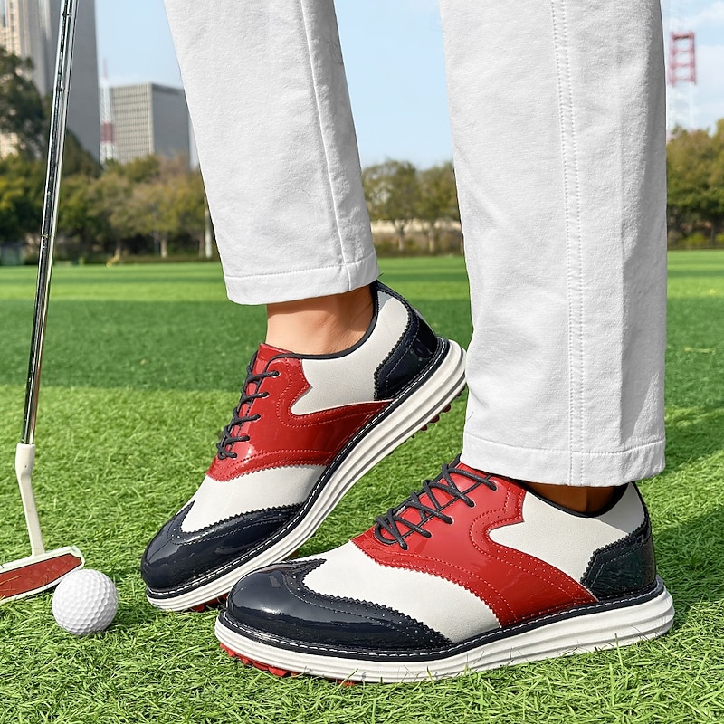 Men's Red and Navy Golf Shoes – High-Performance Lace-Up Sneakers with Leather Detailing for Golf, Sports and Casual Wear