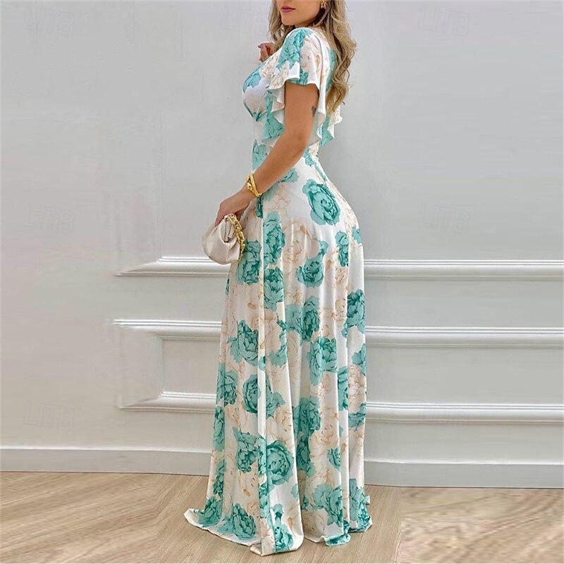 Women's Long Dress Maxi Dress Cocktail Dress Floral Dress Print Dress Fashion Modern Outdoor Vacation Holiday Regular Fit Flower Short Sleeve V Neck Blue Orange Rose Red Summer4