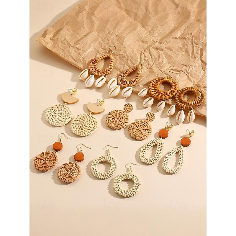 Boho Shell Drop Earrings for Women – Handmade Rattan Circle Dangle Earrings with Natural Cowrie Shells, Lightweight Beach Jewelry for Summer Vacation & Coastal Outfits3
