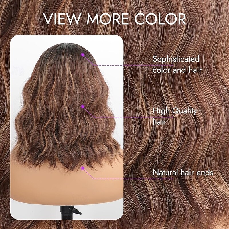 Brown Highlight Short Wavy Wig for Women Bob Style Synthetic Heat Resistant - Natural Appearance for Everyday Hairstyle 14 Inch4