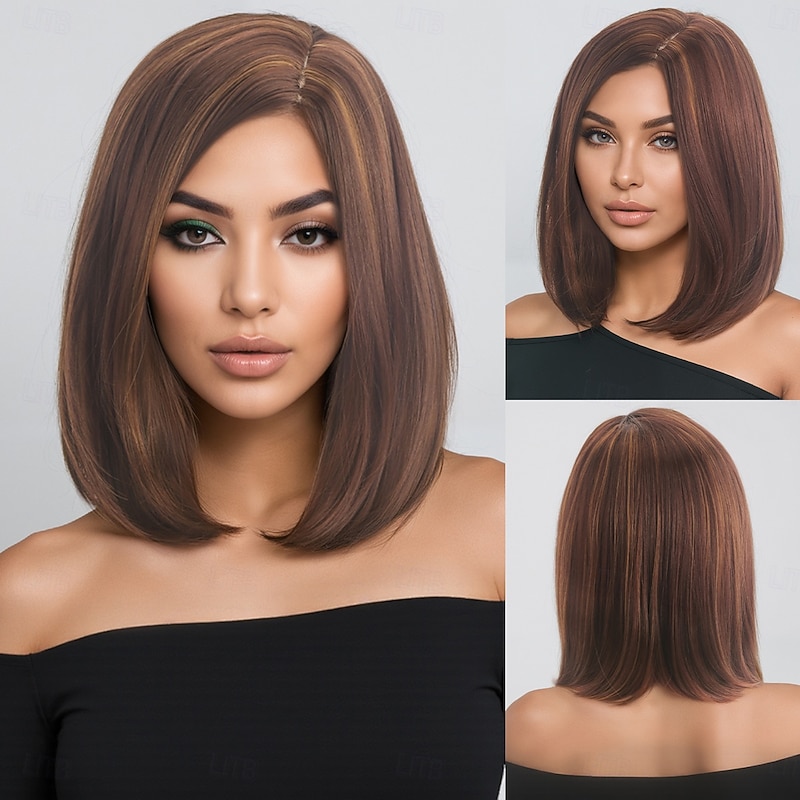 Synthetic Wig kinky Straight Natural Straight Asymmetrical Deep Parting Machine Made Wig 14 inch A1 Synthetic Hair Women's Party Classic Comfortable Multi-color
