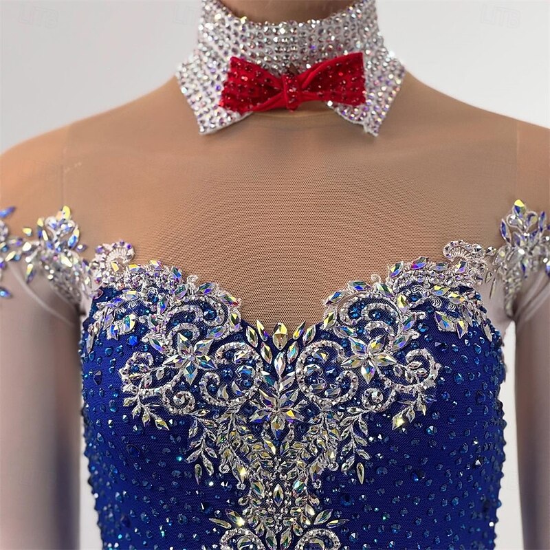 Figure Skating Dress Women's Girls' Ice Skating Dress Royal Blue Thumbhole Open Back Mesh High Elasticity Training Competition Skating Wear Classic Crystal / Rhinestone Long Sleeve Ice Skating Figure3