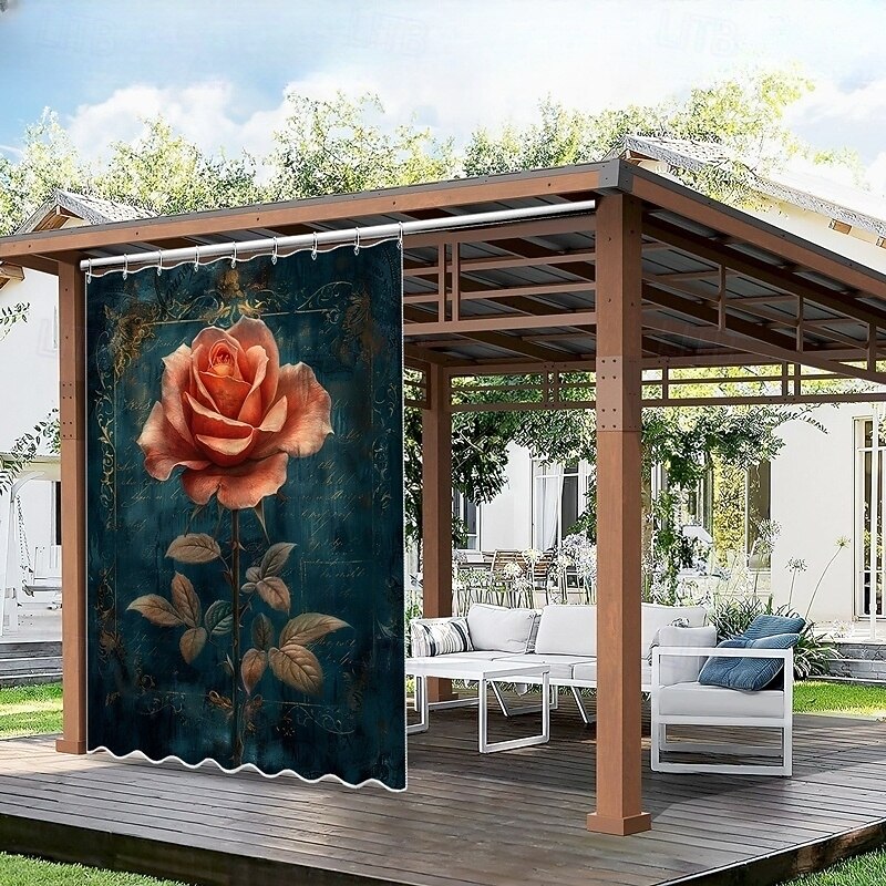 Waterproof Outdoor Curtain Privacy, Sliding Patio Curtain Drapes, Pergola Curtains Grommet 3D Landscape Roses For Gazebo, Balcony, Porch, Party, 1 Panel2