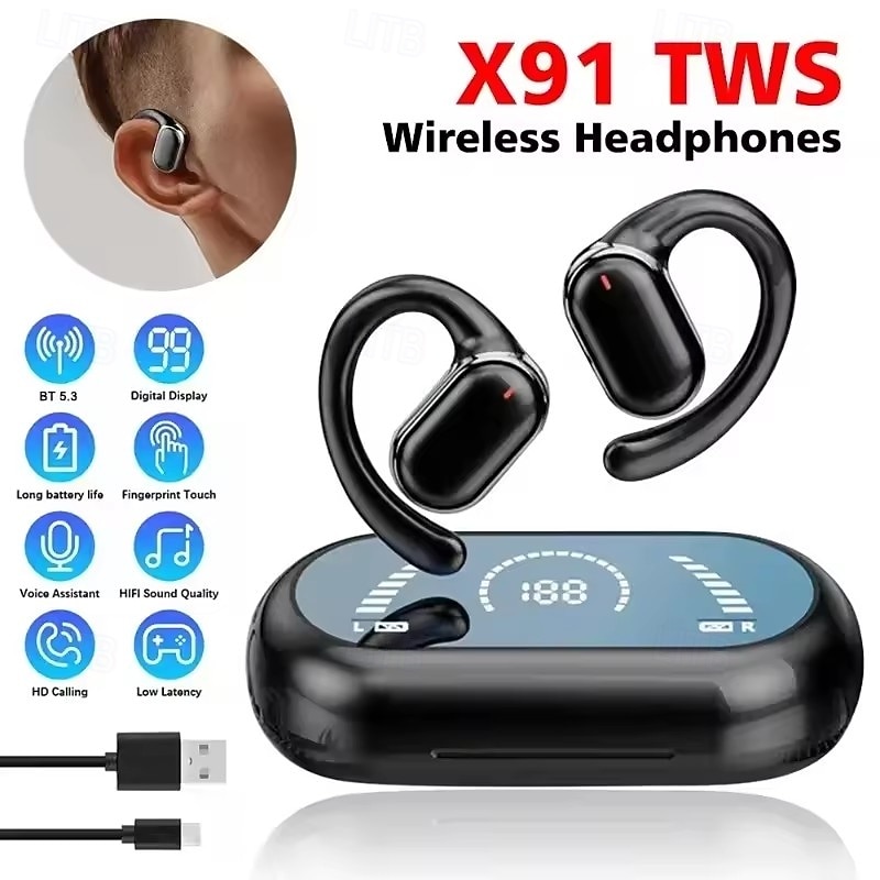 X91 Bluetooth 5.3 Hands-Free Headset Ear Hook Stereo Hi-Fi for Driving, Yoga, Fitness & Mobile Phones2