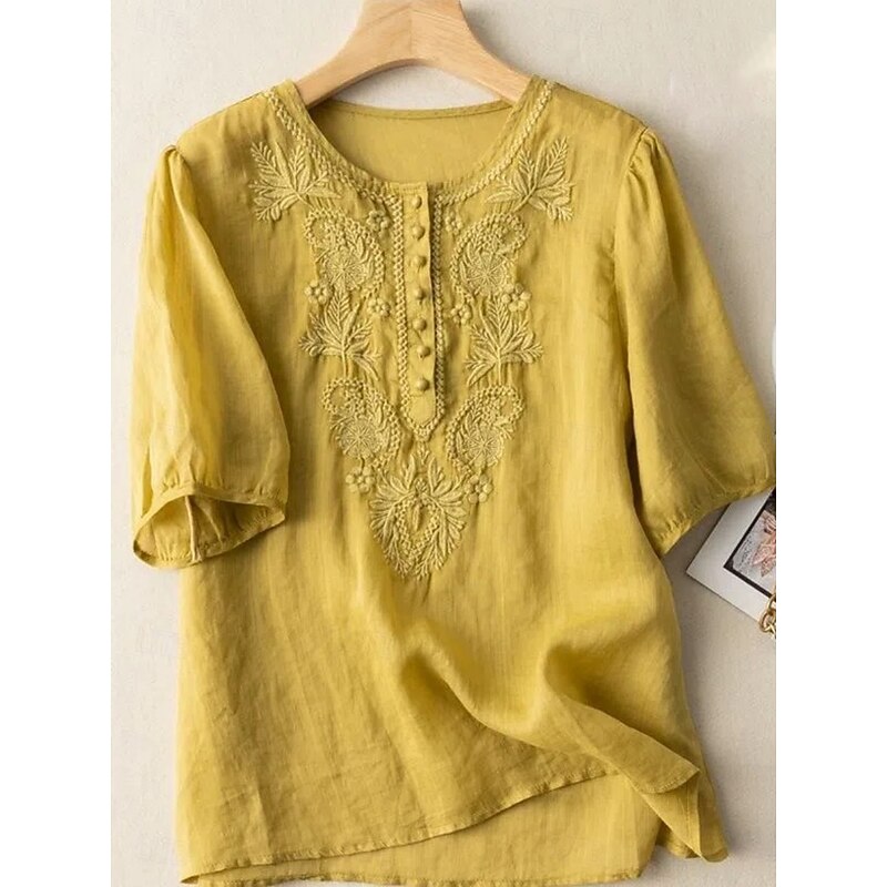 Women's Shirt Floral Basic Casual Half Sleeve Crew Neck Regular Tops Daily Ruched Embroidered Buttons White Yellow Blue Khaki Summer