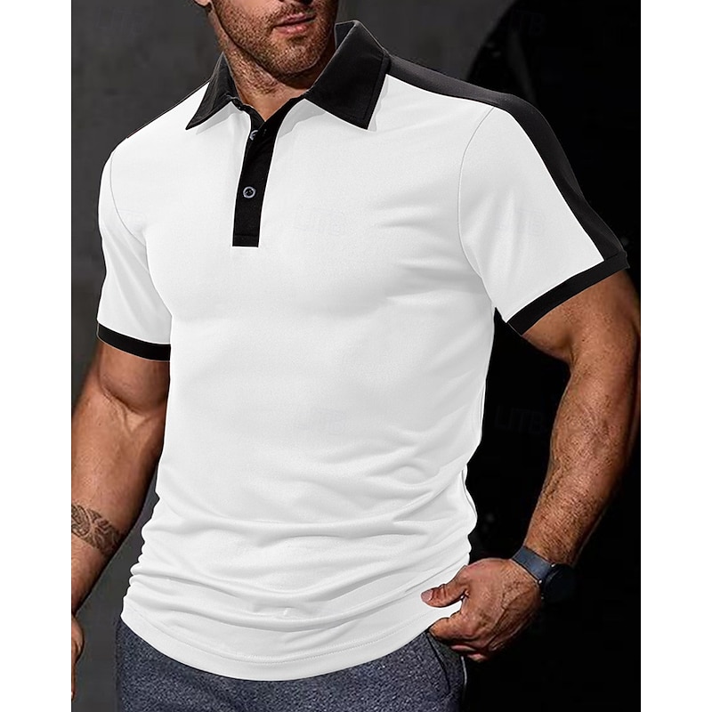 Men's Golf Shirt Golf Polos Shirts Work Casual Lapel Short Sleeve Basic Modern Color Block Patchwork Buttons Summer Regular Fit Wine Black White Khaki Light Grey Dark Gray Golf Shirt