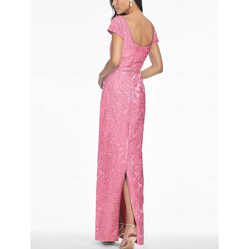 Jacquard Floral Column Evening Gown Elegant Dress Formal Wedding Ankle Length Short Sleeve V Neck Nylon with Floral Print Slit Pocket Wedding Guest Dress3