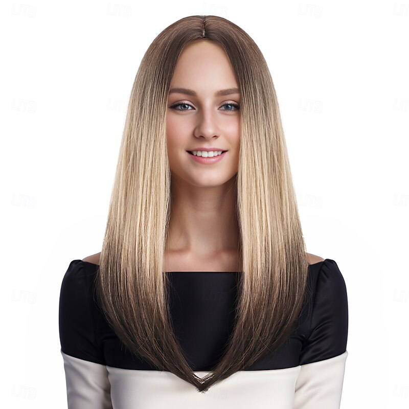 Synthetic Wig kinky Straight Natural Straight Middle Part Asymmetrical Machine Made Wig 18 inch A1 Synthetic Hair Women's Middle Part Classic Color Gradient Blonde2
