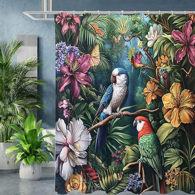 Shower Curtain with Hooks 180cm*180cm(70"*70") Polyester Machine Washable Waterproof Tropical Rainforest Flowers Pattern4