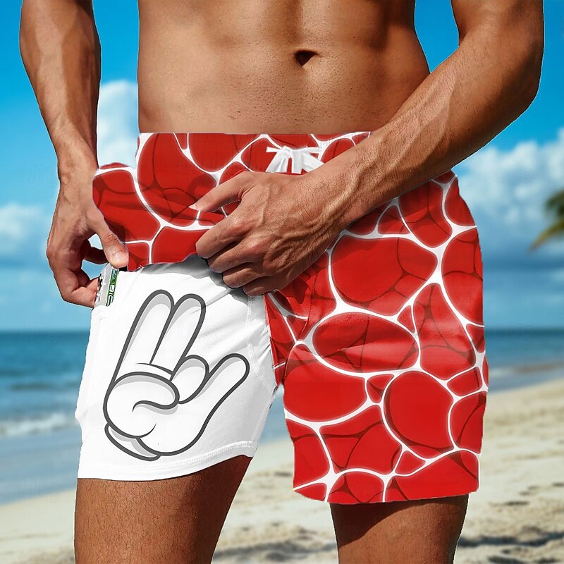 Men's Seawater Cartoon Hand Print Lined Shorts 2 in 1 Board Shorts Swim Shorts Mid Waist Hawaiian Holiday Beach Wear Side Pockets With Compression Liner Elastic Drawstring Waist Designer Clothing3