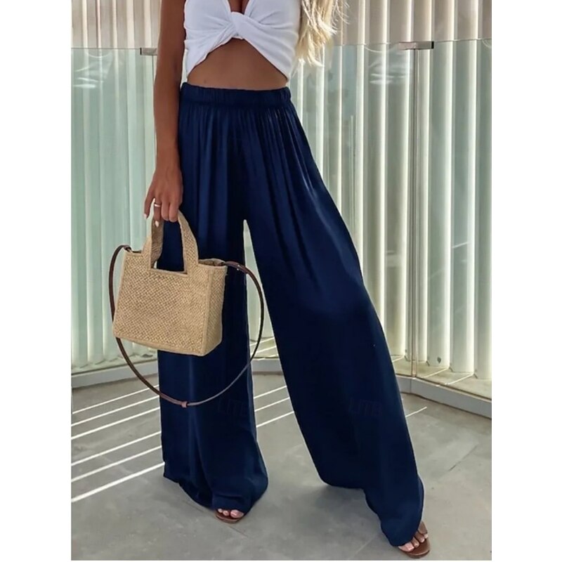 Women's Wide Leg Pants Trousers Streetwear Casual Long High Waist Plain Elastic Drawstring Design High Cut Breathability Soft Micro-elastic Vacation Street Daily Wear Black Light Green Red Navy Blue4