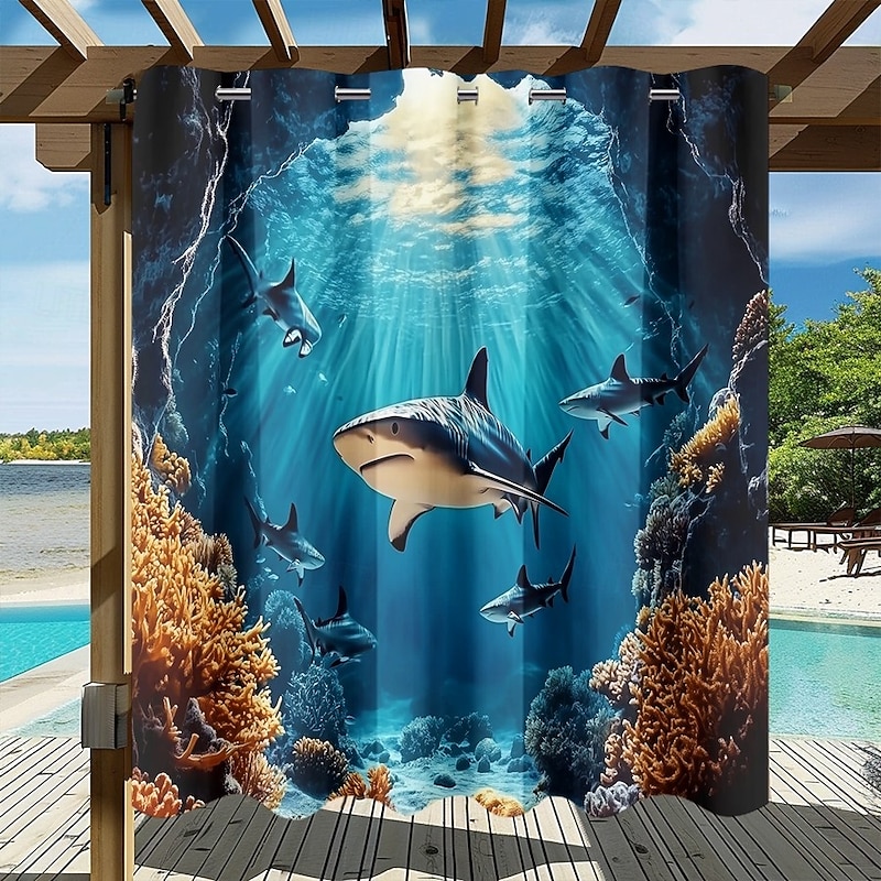 Waterproof Outdoor Curtain Privacy, Sliding Patio Curtain Drapes, Pergola Curtains Grommet 3D Ocean Sharks Landscape For Gazebo, Balcony, Porch, Party, 1 Panel2