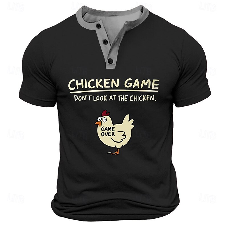 Men's Short Sleeve Henley T-Shirt Funny Chicken Game Don't Look At The Chicken Graphic Tee2