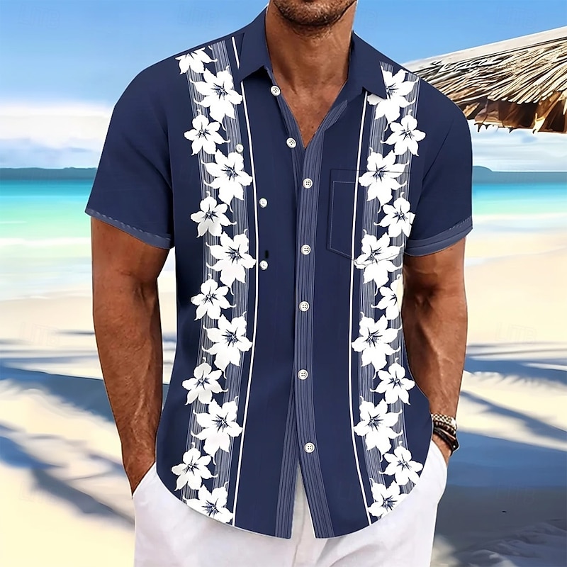 Men's Floral Print Flowers Shirt Summer Shirt Button Up Shirt Short Sleeve Fashion Casual Outdoor Vacation Dailywear Summer Spring Turndown 3D Print Collared Shirts Front One Pocket Dark Blue