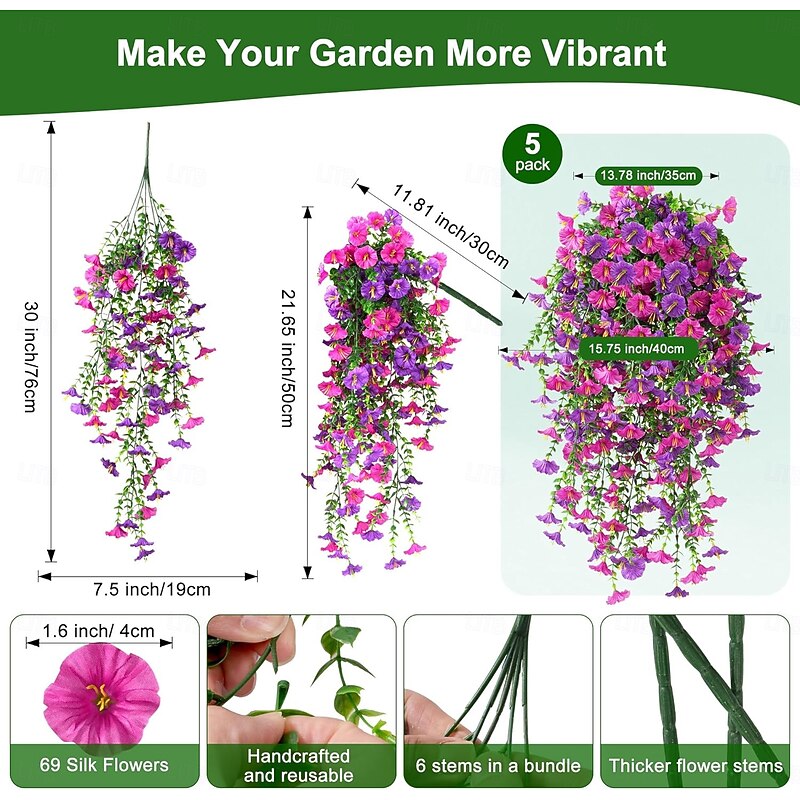 5pcs Artificial Hanging Morning Glory Flowers for Outdoors UV Resistant Faux Petunias Realistic Fake Silk Long Vines Morning Glory Eucalyptus for Outside Indoor Planter Porch Patio Home Decor Mix2