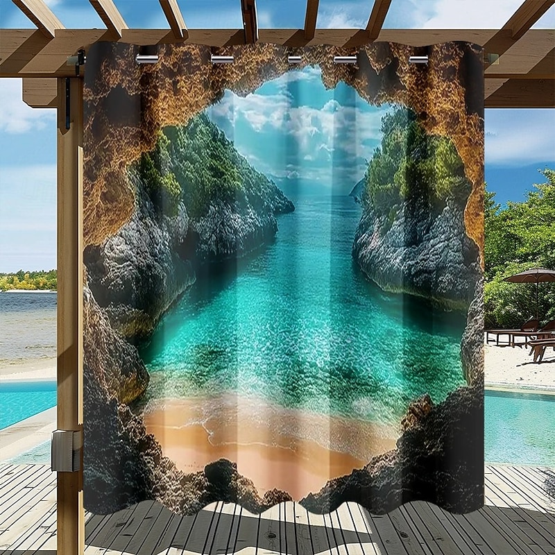Waterproof Outdoor Curtain Privacy, Sliding Patio Curtain Drapes, Pergola Curtains Grommet 3D Ocean Cave Landscape For Gazebo, Balcony, Porch, Party, 1 Panel2