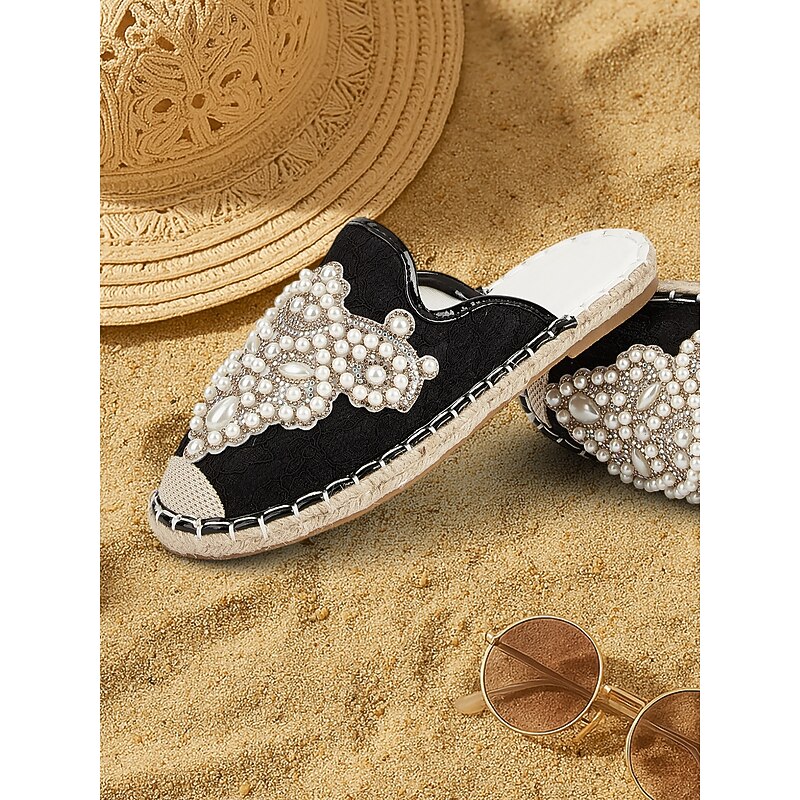 Women's Luxury Pearl Embellished Black Slide Sandals – Elegant Boho Summer Flats for Beach Weddings, Vacations, Festivals, and Resort Wear3