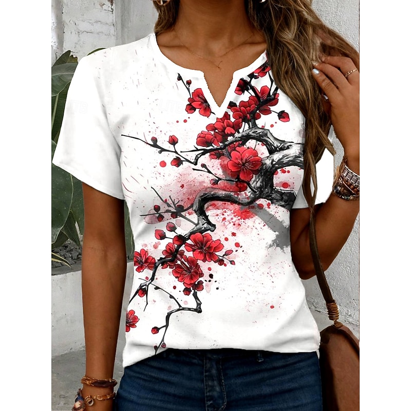 Women's T Shirt Floral Graphic Plants Vintage Stylish Classic Short Sleeve Notched Neck Regular Tops Daily Weekend Print Red Summer Spring