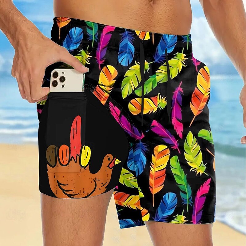 Men's Chick Funny Middle Finger Lined Shorts 2 in 1 Board Shorts Swim Shorts Mid Waist Hawaiian Vacation Beach Wear Side Pockets With Compression Liner Elastic Drawstring Waist Designer Clothing