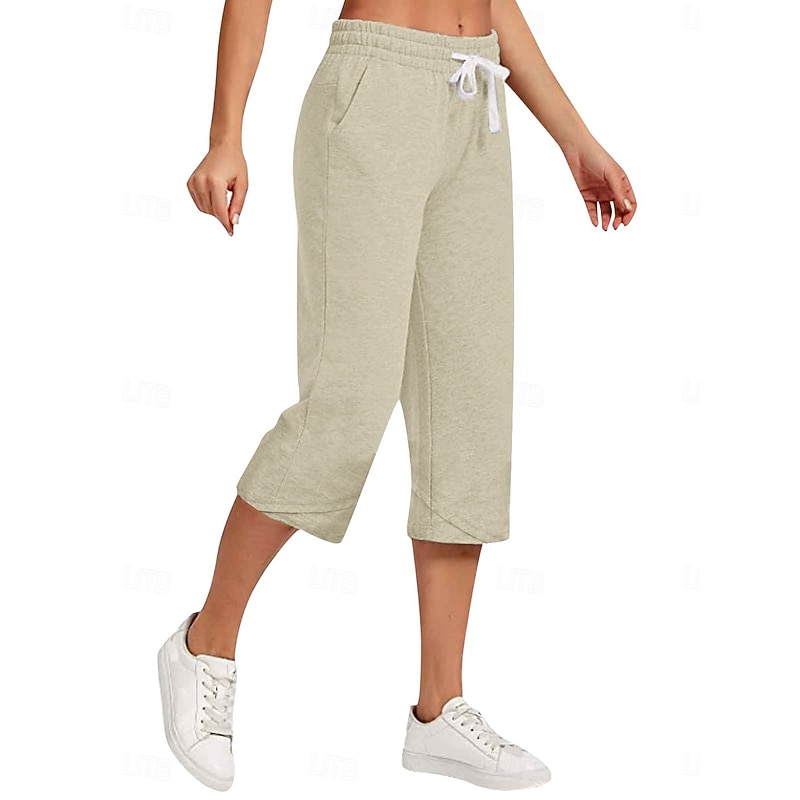 Women's Cotton Linen Pants Capri Pants Solid Color Chinos Basic Casual Calf-Length High Waist Plain Pocket Drawstring Comfort Outdoor Micro-elastic Vacation Street Daily Black White Red Apricot