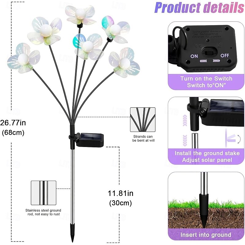 2PCS Solar Outdoor Flower Lights Swing Firefly LED Patio Lights for Garden Path Lawn Yard Walkway Camping Atmosphere Landscape Decor Lights4